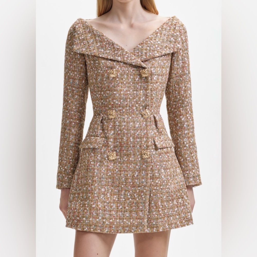 Self-Portrait Gold Tinsel Boucle Off Shoulder Mini Dress